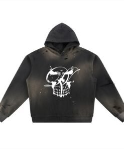 Skull Blk (Sun Fade Frayed Fleece Hoodie)
